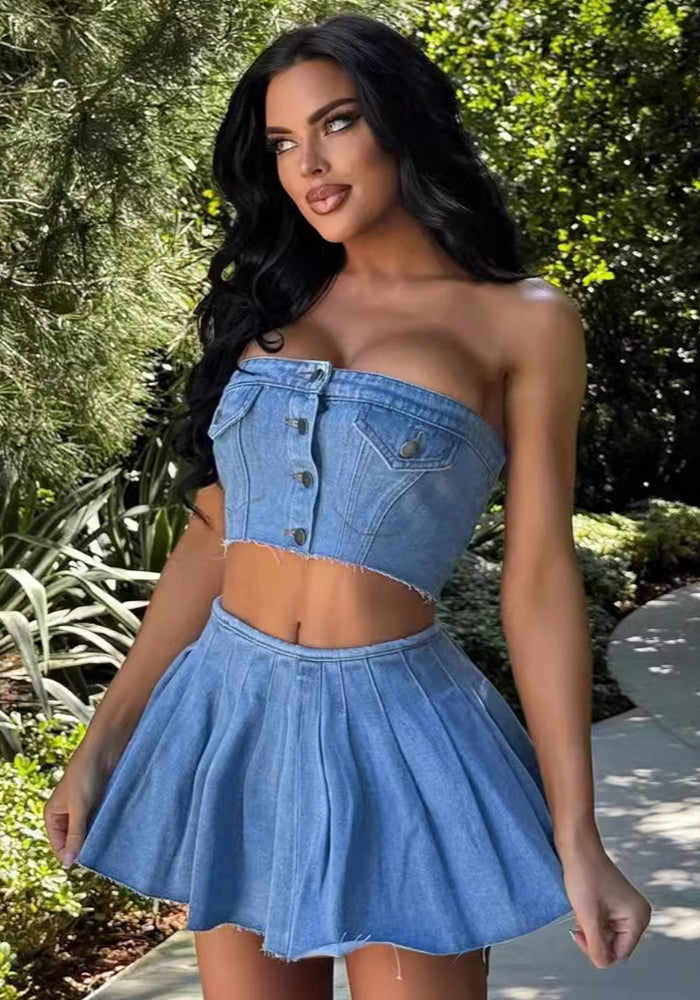 Women elastic chest button Top and Denim split Skirt 2-piece set