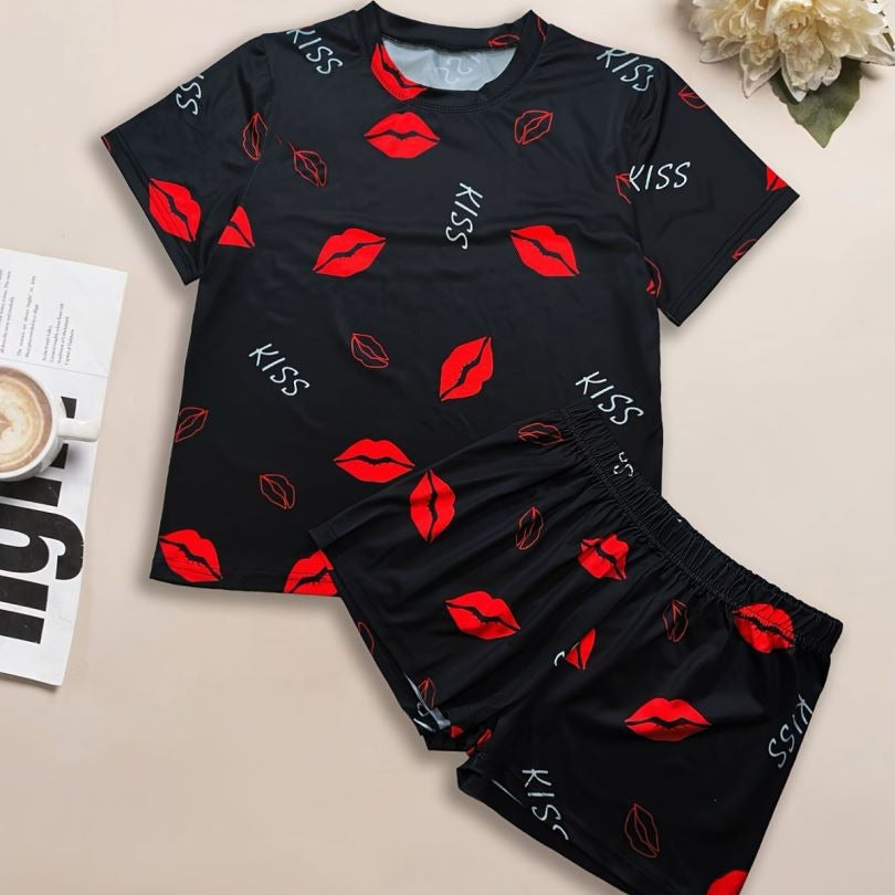 Pajamas Casual Red Lips Printed T-Shirt Shorts Two-Piece Set Comfortable Ladies Home Clothes 4