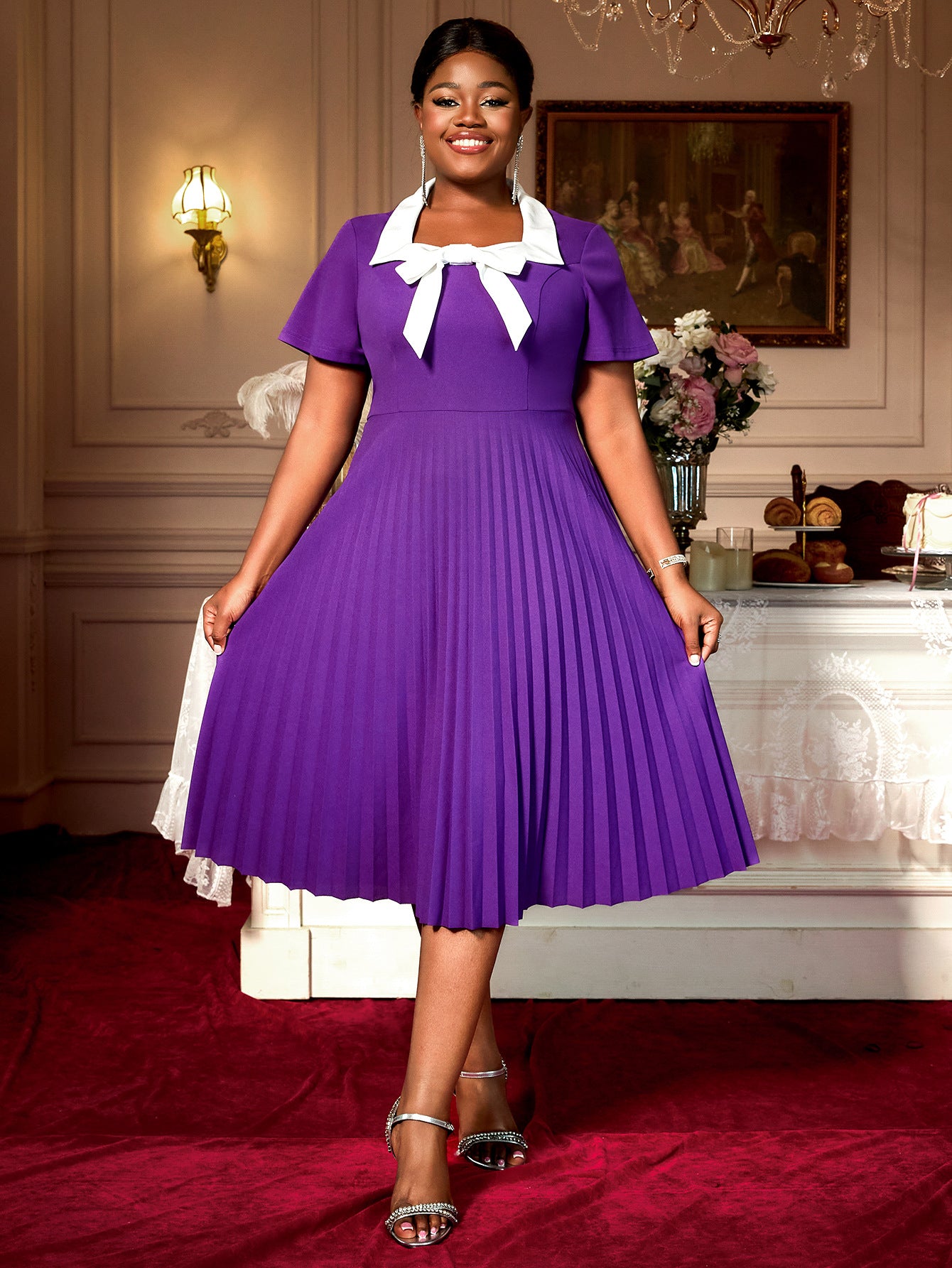Plus Size Women Elegant Purple Pleated White Bow Square Neck Dress 4