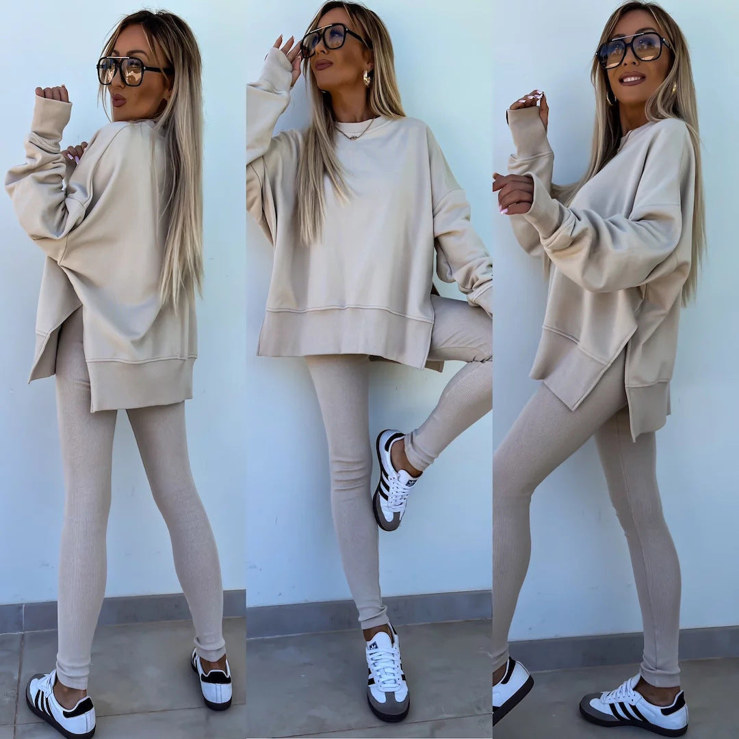Women Spring Casual Long Sleeve Top and Long Pants Two-piece Set