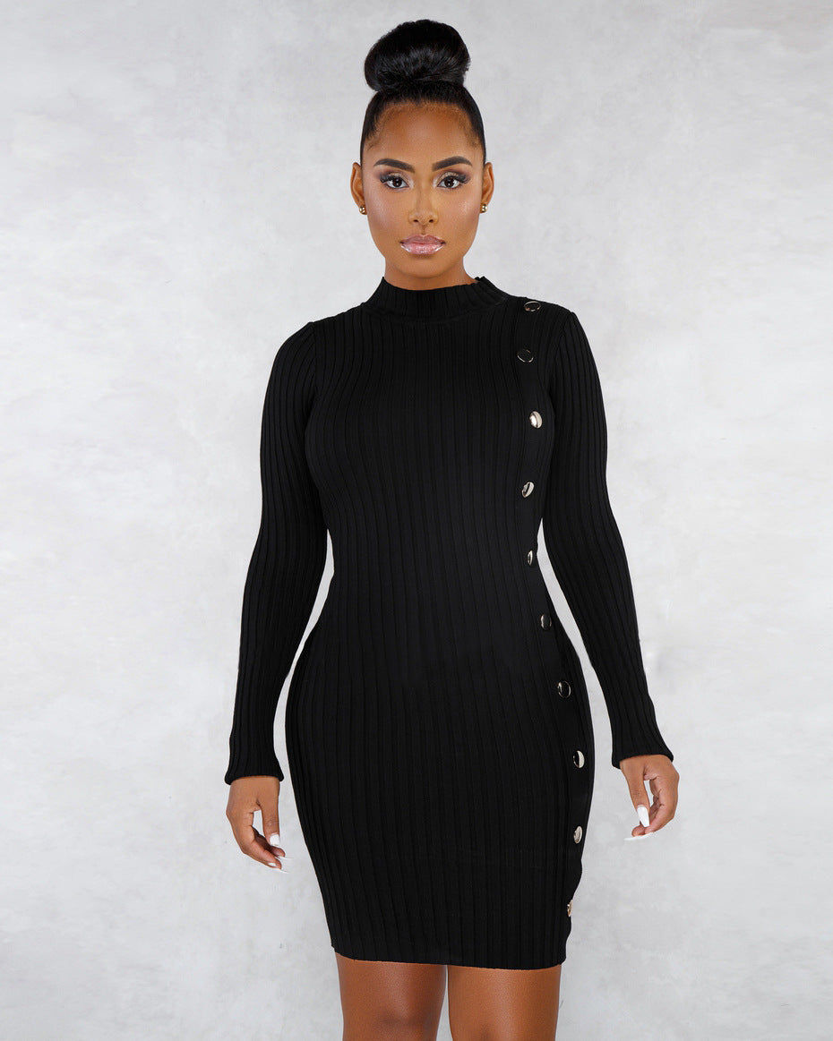 Women Fall and Winter Solid Single-breasted Asymmetric Sweater Dress 3