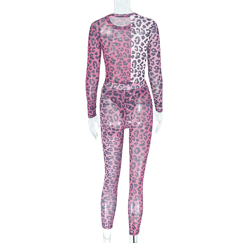 Sexy Slightly Transparent Leopard Print Round Neck Tight-Fitting Trendy Pants Set Elastic Two-Piece Set