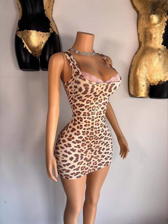 Women Trendy Women Square Neck Sexy Lace Leopard Top and Shorts Two-Piece Set 3