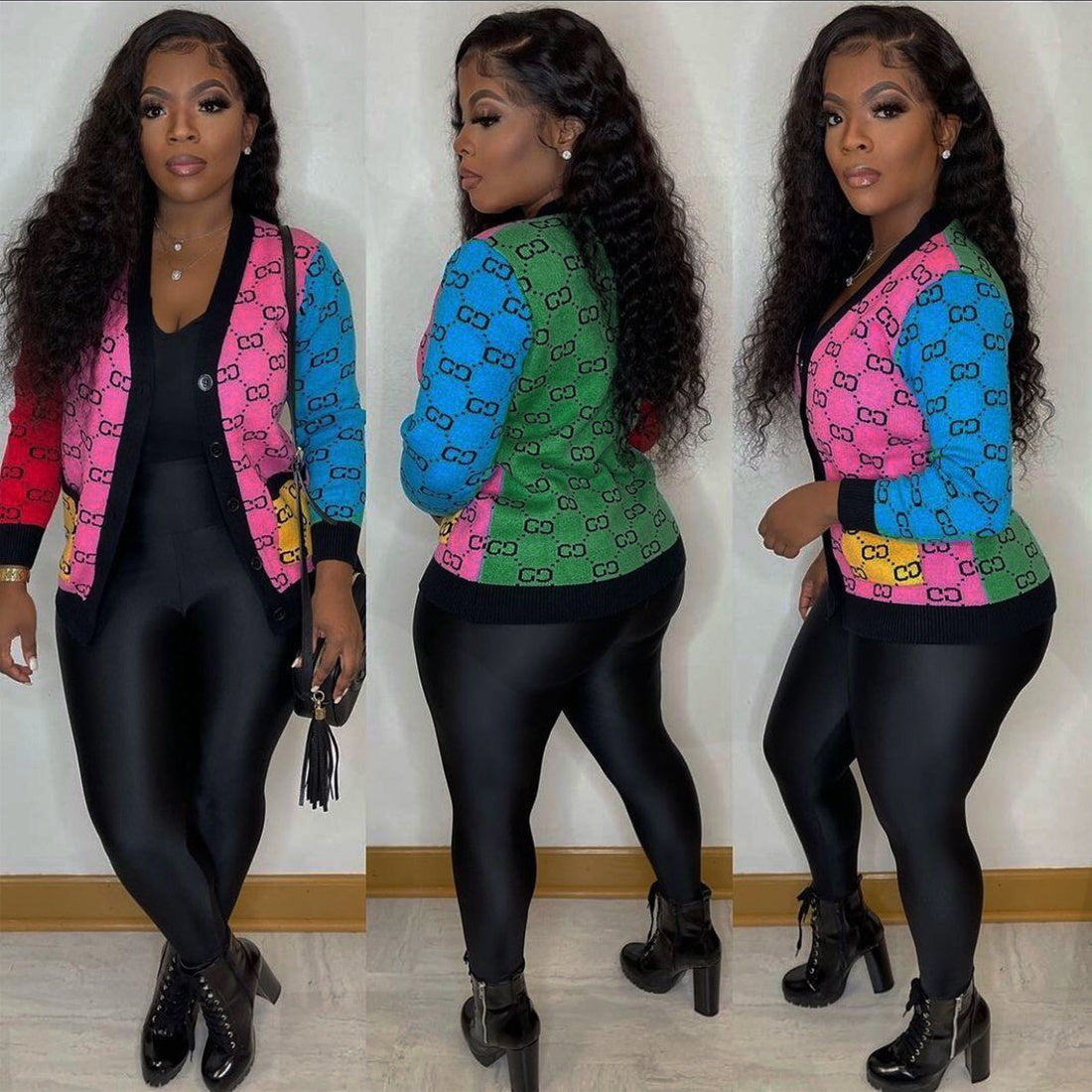 Women's Rainbow Color Block Slim Fit Knitting Cardigan Sweater Coat 7