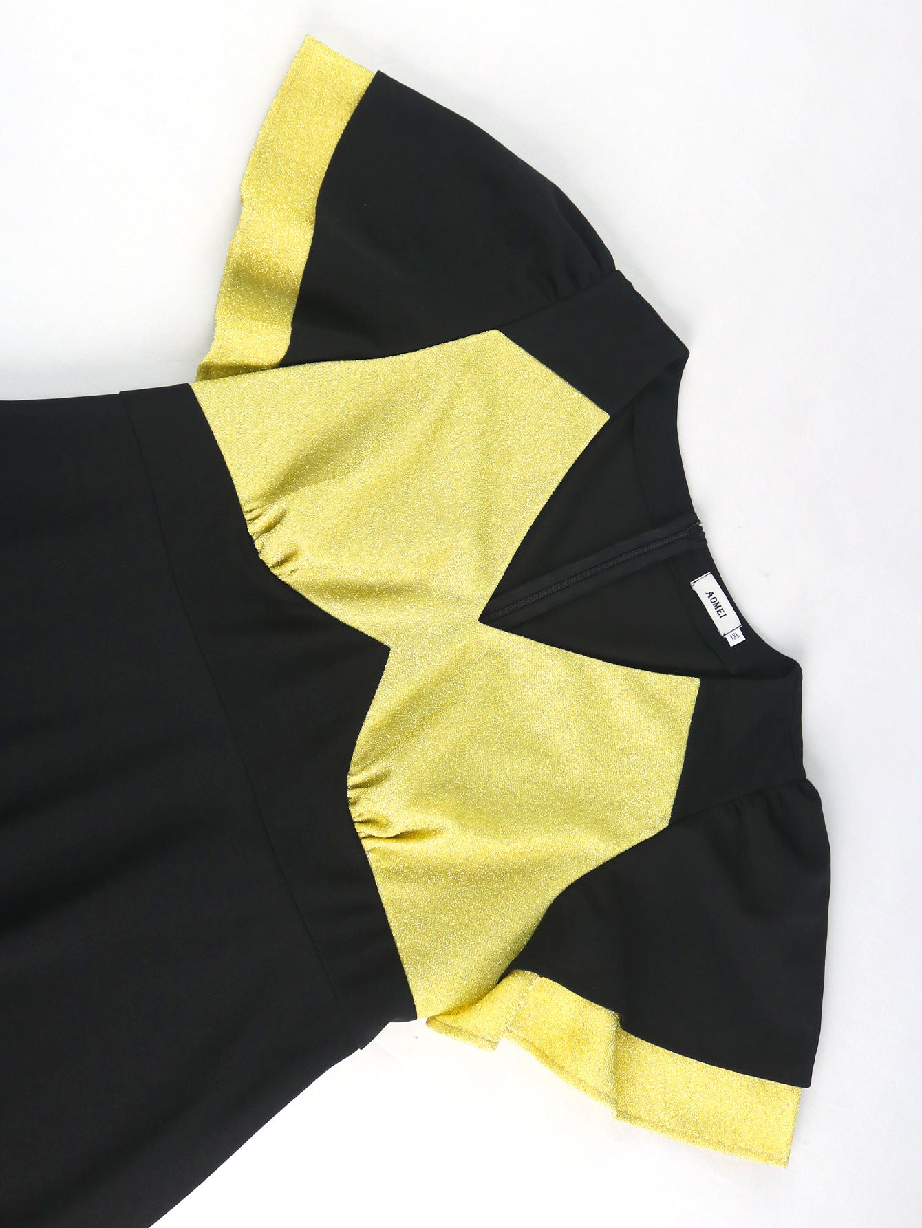 Plus Size Contrast Color Patchwork Ruffle-Sleeve A-Line Black Dress 10