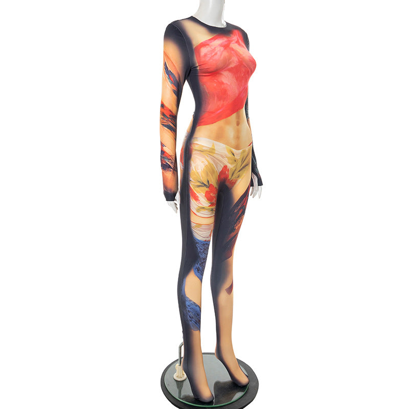 Women Body Painting Print Round Neck Long Sleeve Leg-Connected Jumpsuit 6