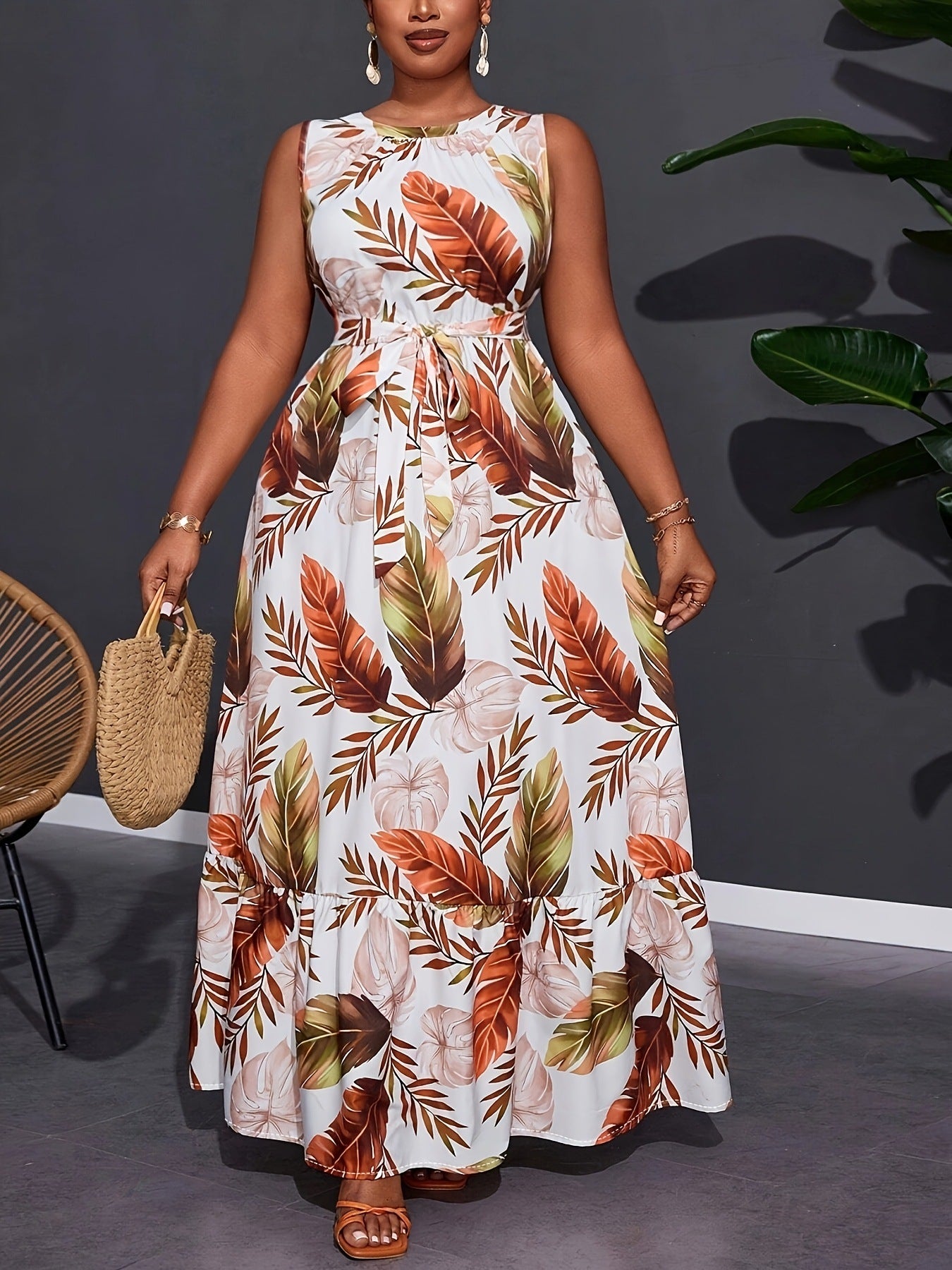 Plus Size women's Round Neck sleeveless floral print belt high waist long dress 4