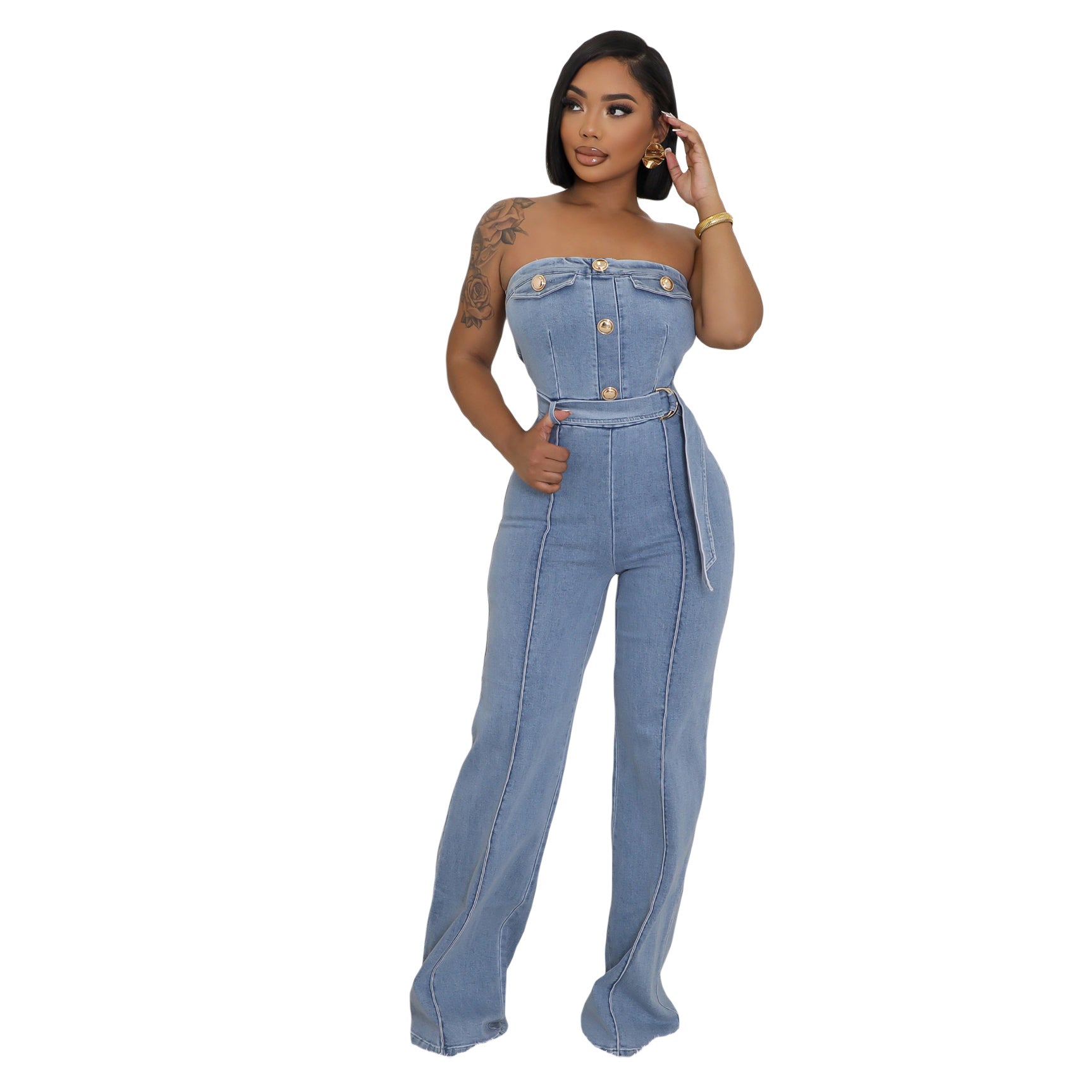 Women's Strapless Slim Waist Elastic Washed Denim Wide-Leg Jumpsuit 4