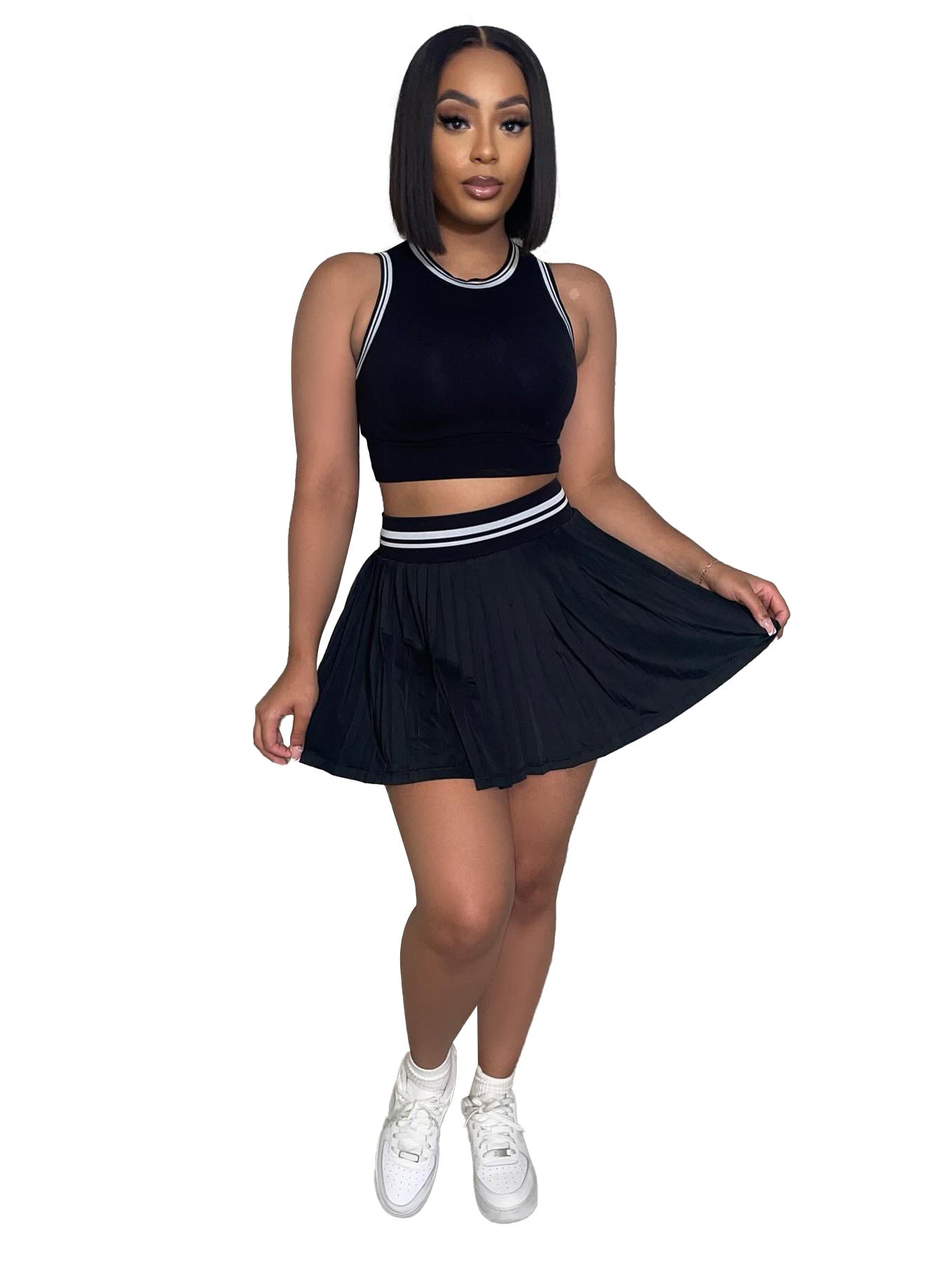 Women Sleeveless Crop Top Pleated Skirt Sports Two-piece Set 9