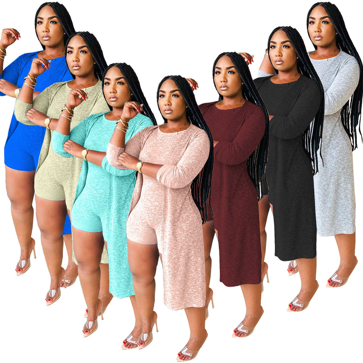 Fashion casual women's clothing Ribbed jumpsuitb + cape two-piece set 9