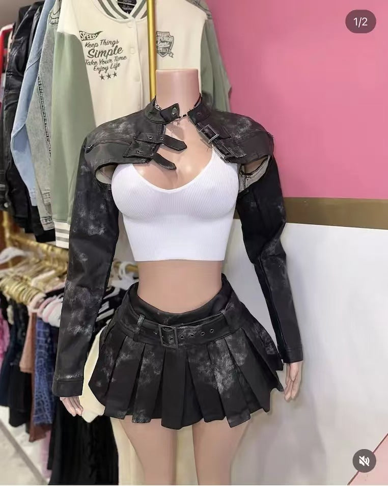 Women Vintage PU-Leather Jacket Top and Skirt Two-piece set