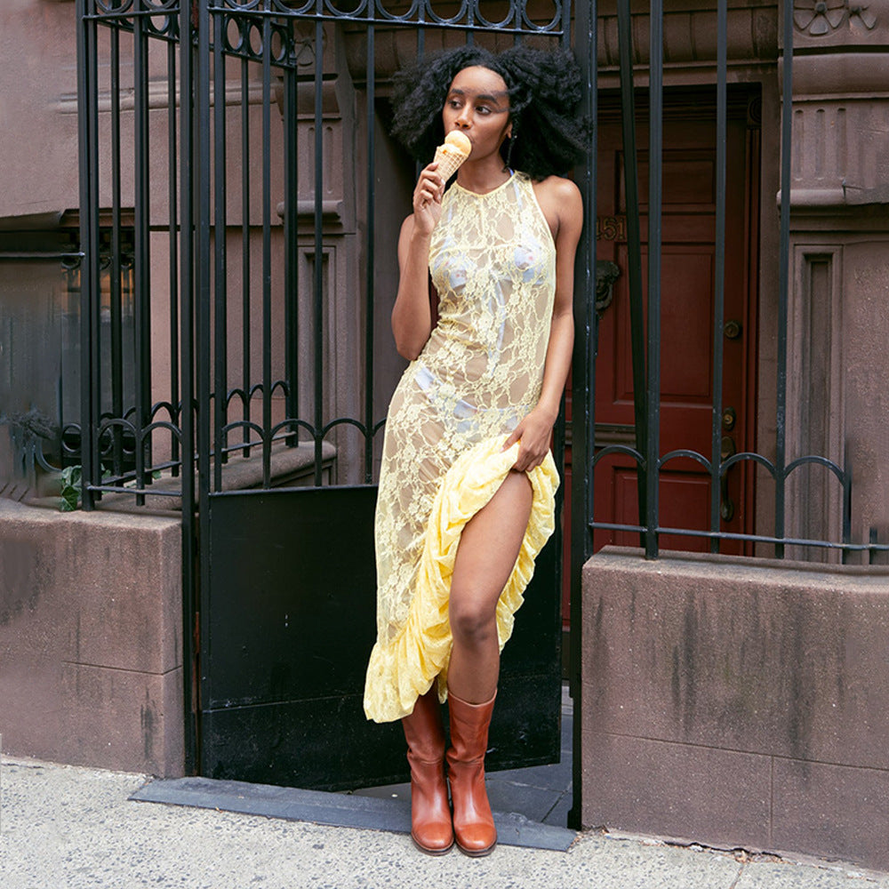 Women Summer Lace Irregular See-Through Sexy Slit Dress 4