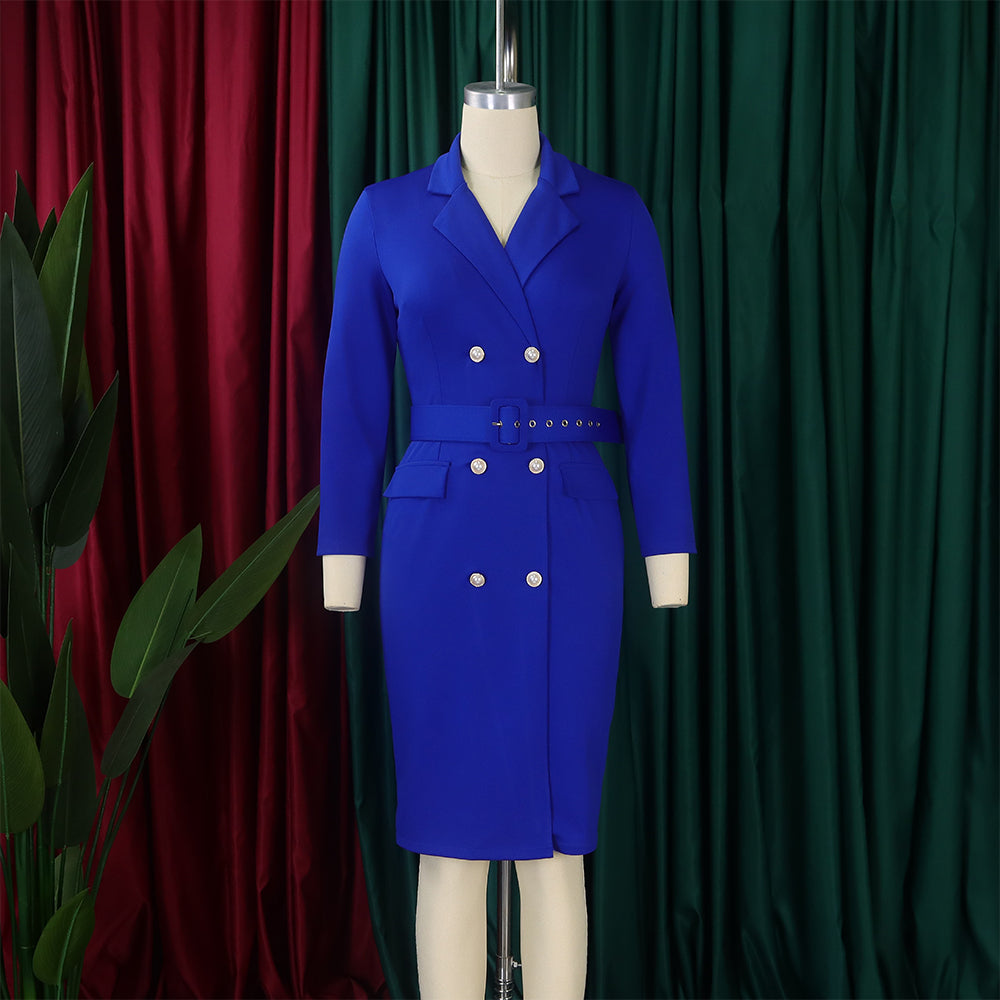 Chic Career Ol Turndown Collar Solid Color Double Breasted Plus Size African Dress 16