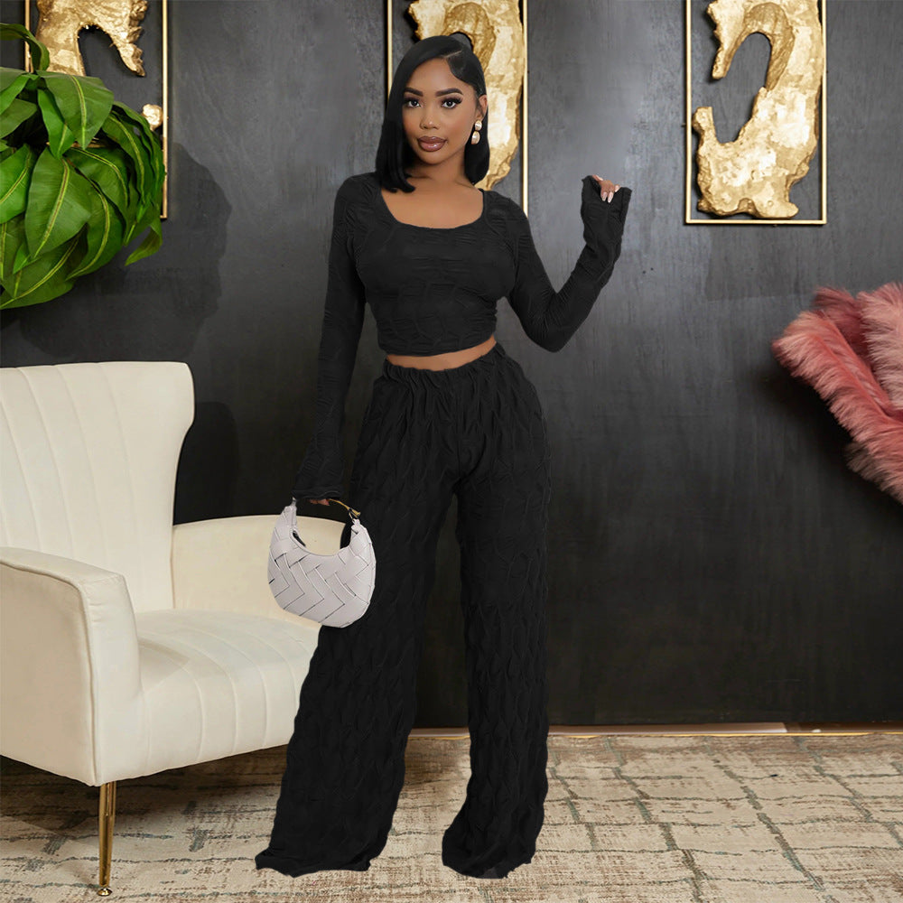 Off Shoulder Long Sleeve Short Top Fashion Slim Trousers  Women Two-Piece Set