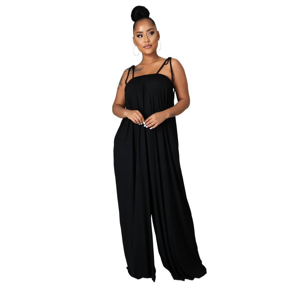 Solid Color Summer Sleeveless Slim Waist Wrapped Breast Loose Wide Leg Women's Jumpsuit 11