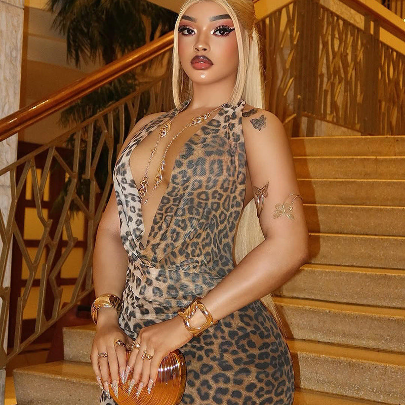 Women's Leopard Print Deep V-Neck Sleeveless Low Back Long Dress 5