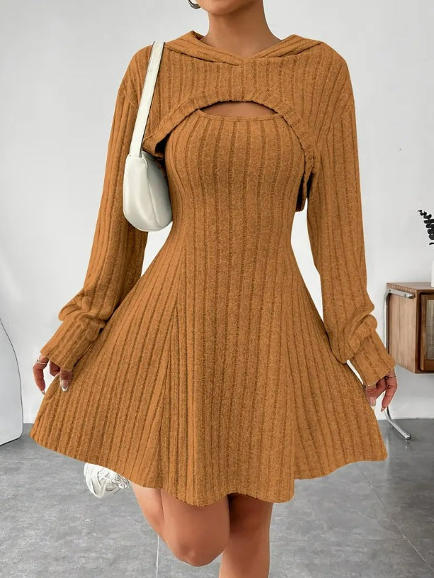 Long Sleeve Hoodie Top and Strap Square Neck A-Line Dress Set 11