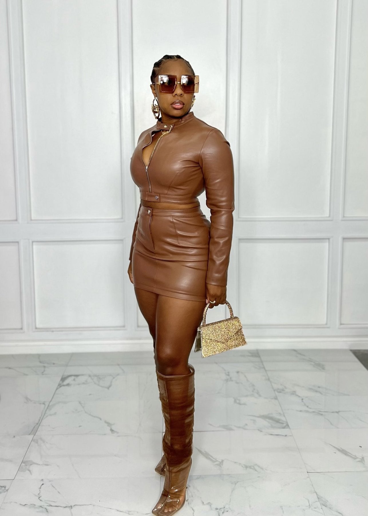 Women Casual pu Leather Zipper Top and Skirt Two-Piece Set 4