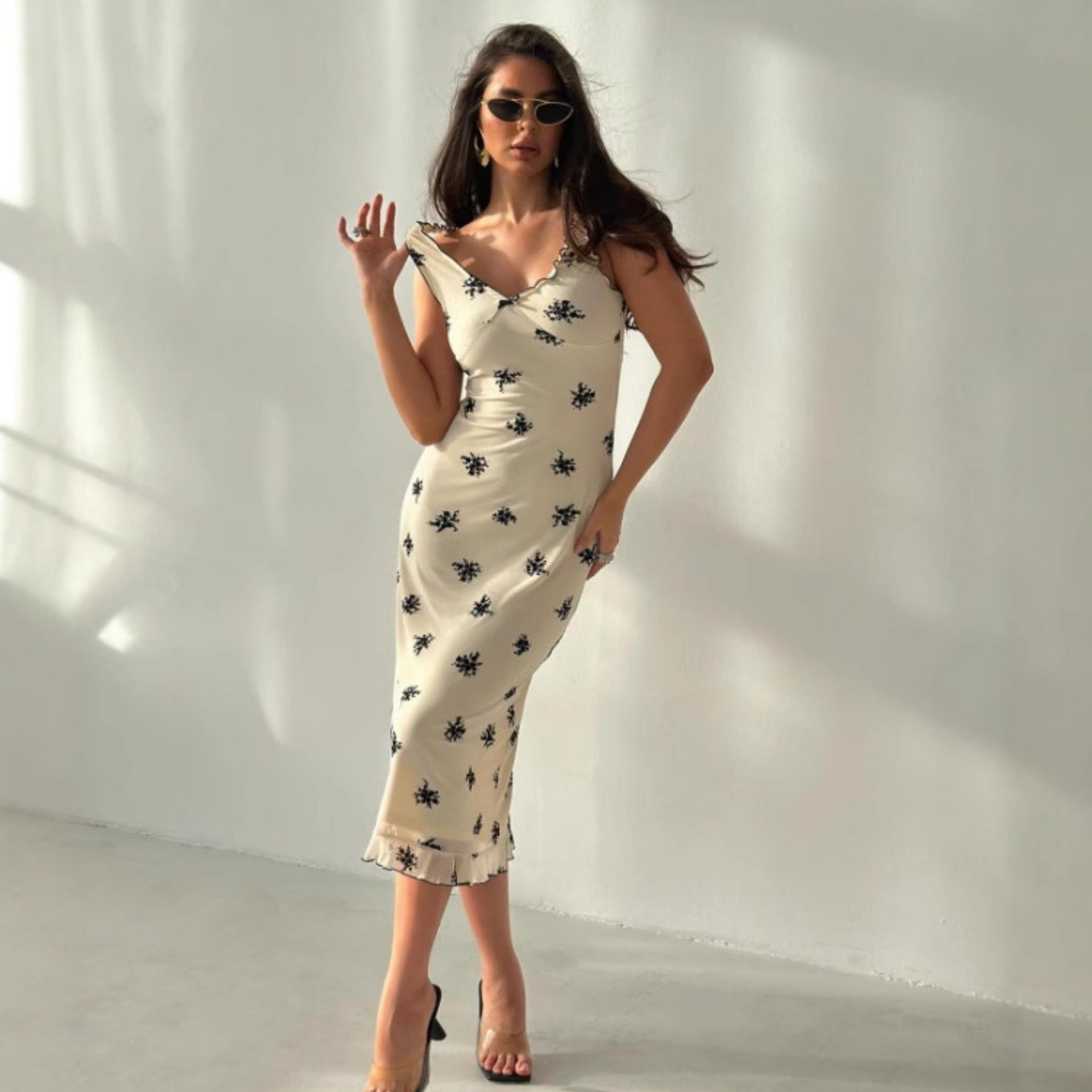 Women Summer French Bow V-Neck Suspender Bodycon Dress 5