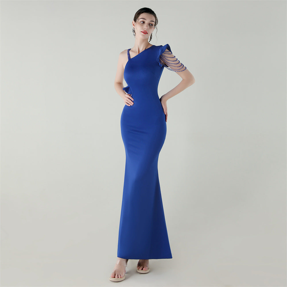 Women satin one-shoulder beaded Formal Party hollow ruffle fishtail evening dress 13