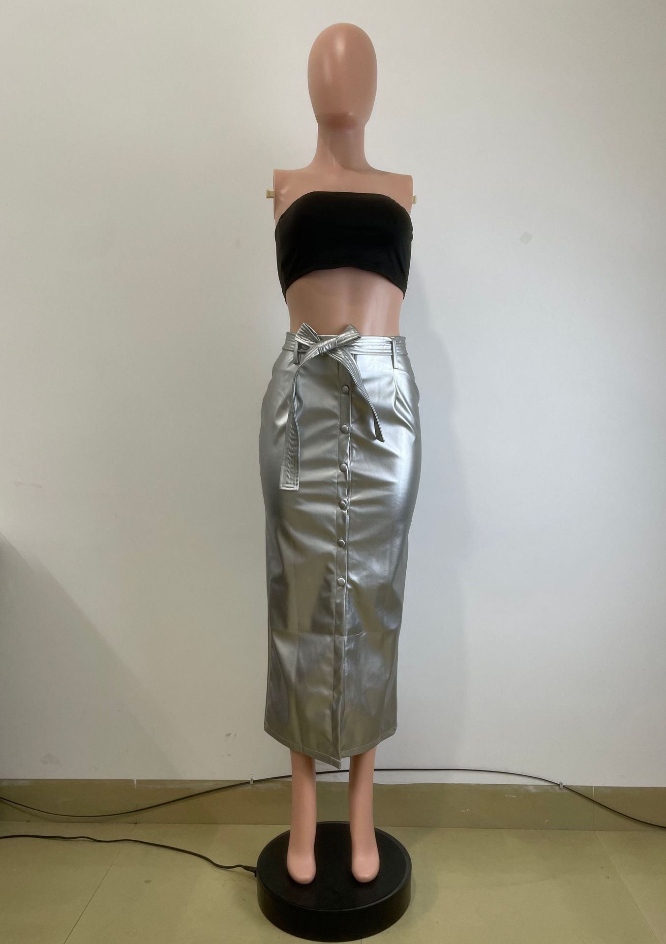 Autumn And Winter Mid-Length Black Pu Buckle Slit  Casual Leather Skirt With Belt 15