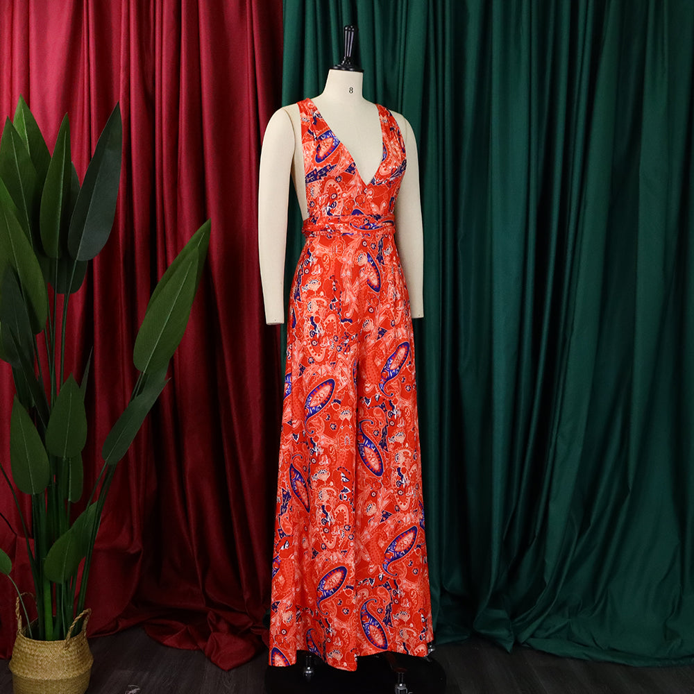 Plus Size Women African Print Halter Neck Beach Jumpsuit 21