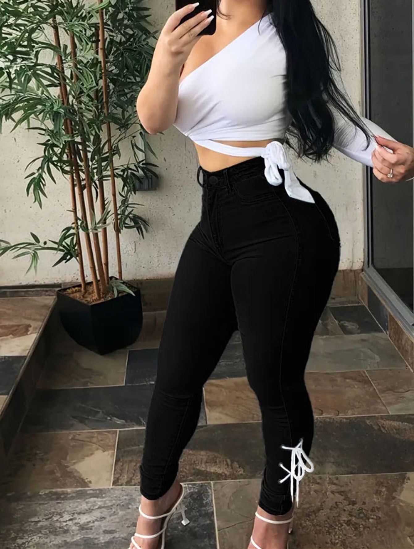 Women sexy Casual Lace-Up Denim Pants 4