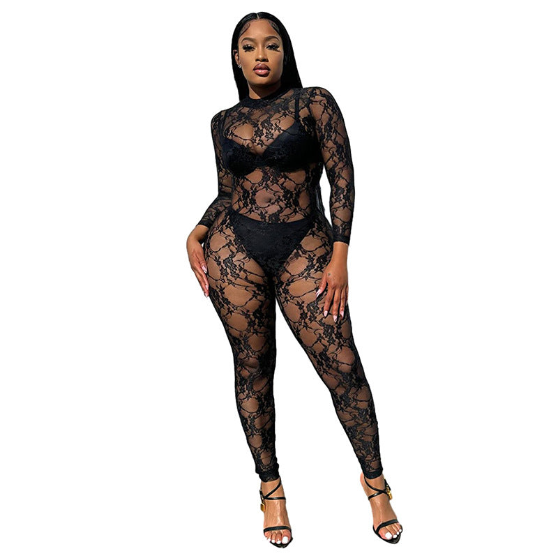 Women's Spring Summer Style Street Sexy See-Through Round Neck Long Sleeve Lace Tight Fitting Jumpsuit 9
