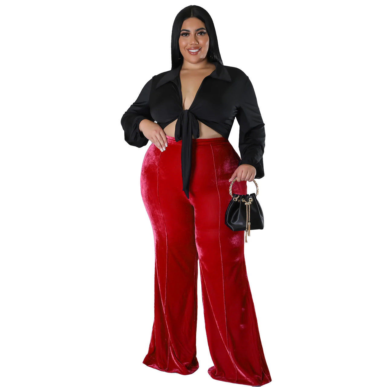 Plus Size Women Winter High Waist Velvet Bootcut Pants 11