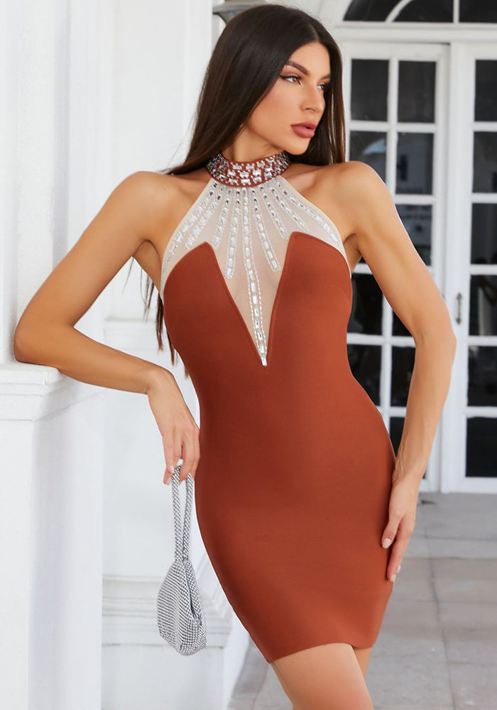 Women Spring Formal Party Sexy Crystal Fishbone Waist Dress