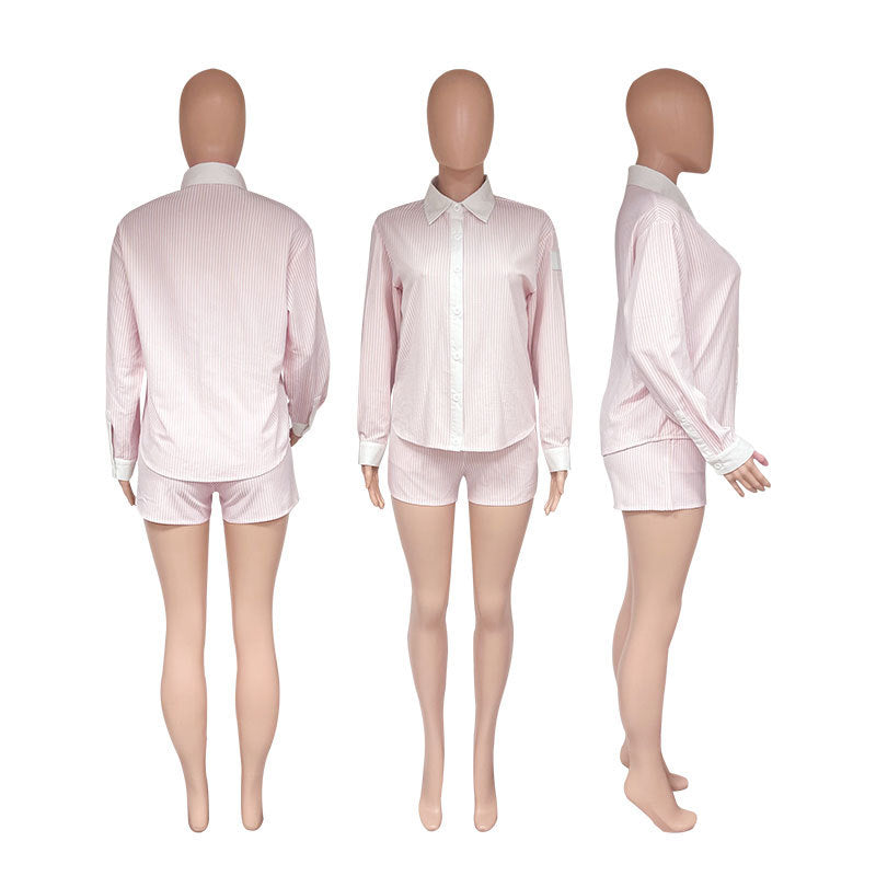 Summer Turndown Collar Long Sleeve Striped Shirt Elastic Waist Shorts Two-Piece Set 10