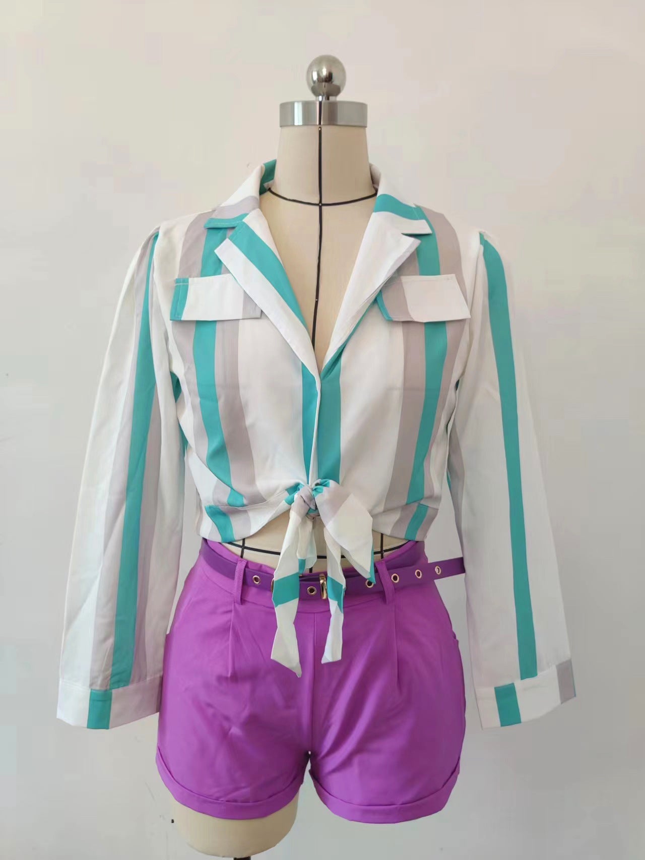 Women's Striped Digital Print Lace-Up Short Turndown Collar Shirt Shorts Two-Piece Set 14