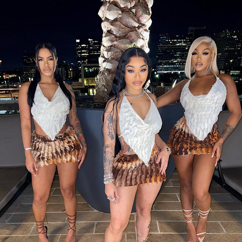 Women wave strip Halter Neck Backless Lace-Up Suspender Top Sexy Skirt two-piece set 6