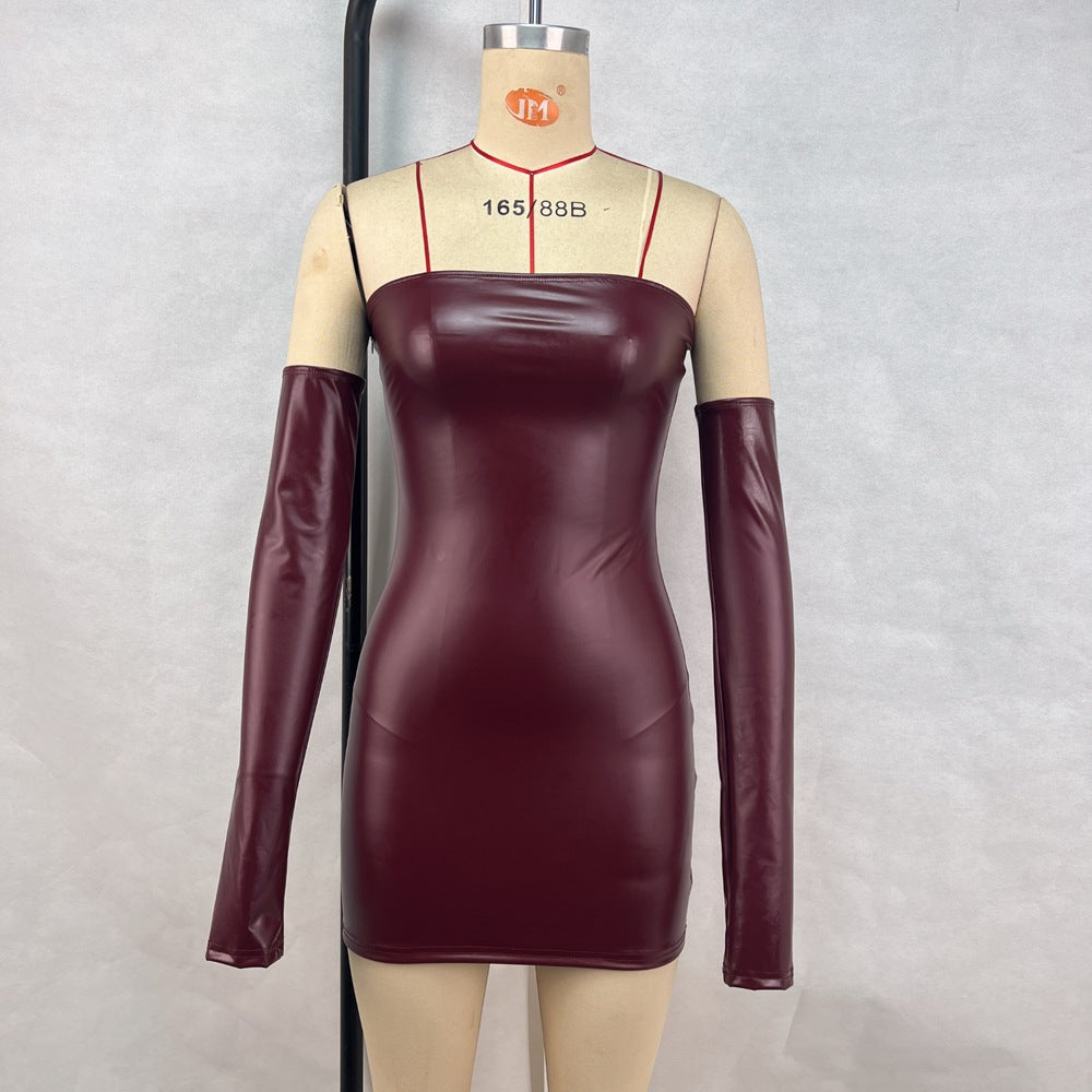 Women pu Leather Solid Patchwork Sexy Strapless Bodycon Dress Plus Sleeves Two Piece Set 11