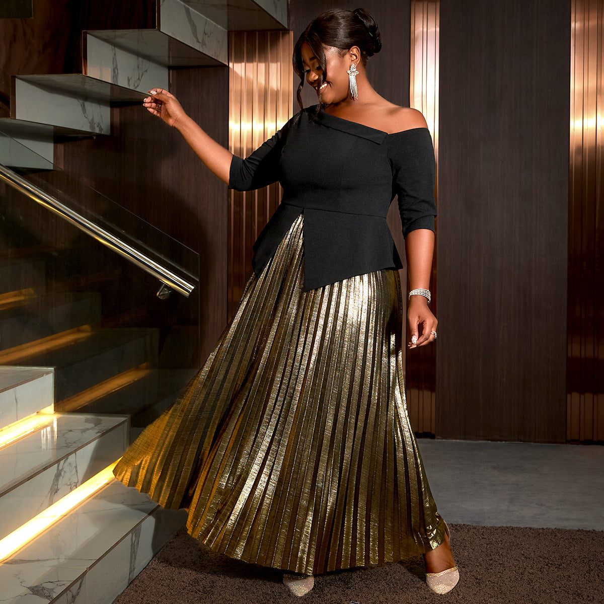 Women party sexy slit top luxury pleated skirt two-piece 3