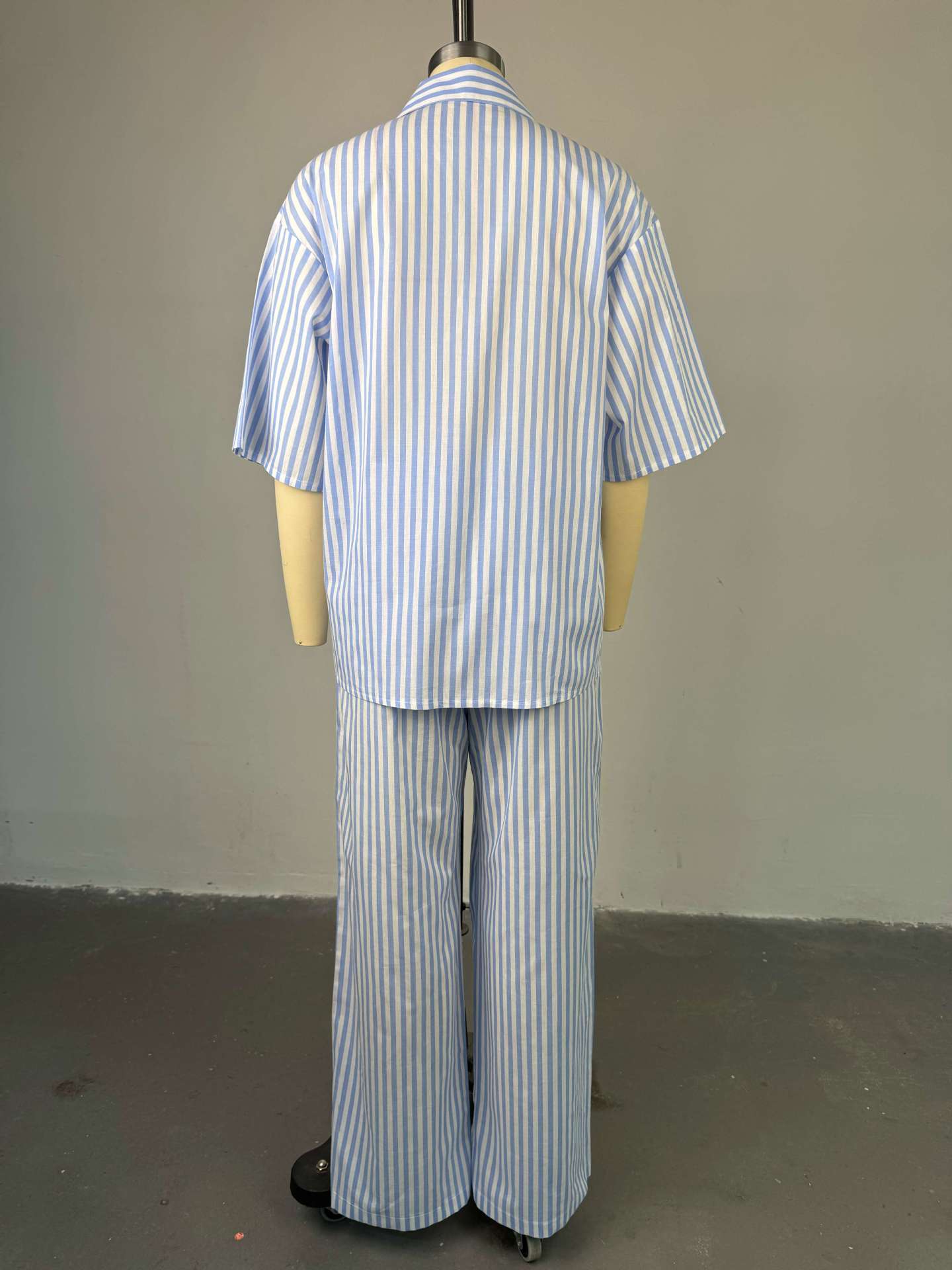 Women Summer Casual Turndown Collar Three-quarter Sleeve Striped Shirt and PantsTwo Piece Set 6