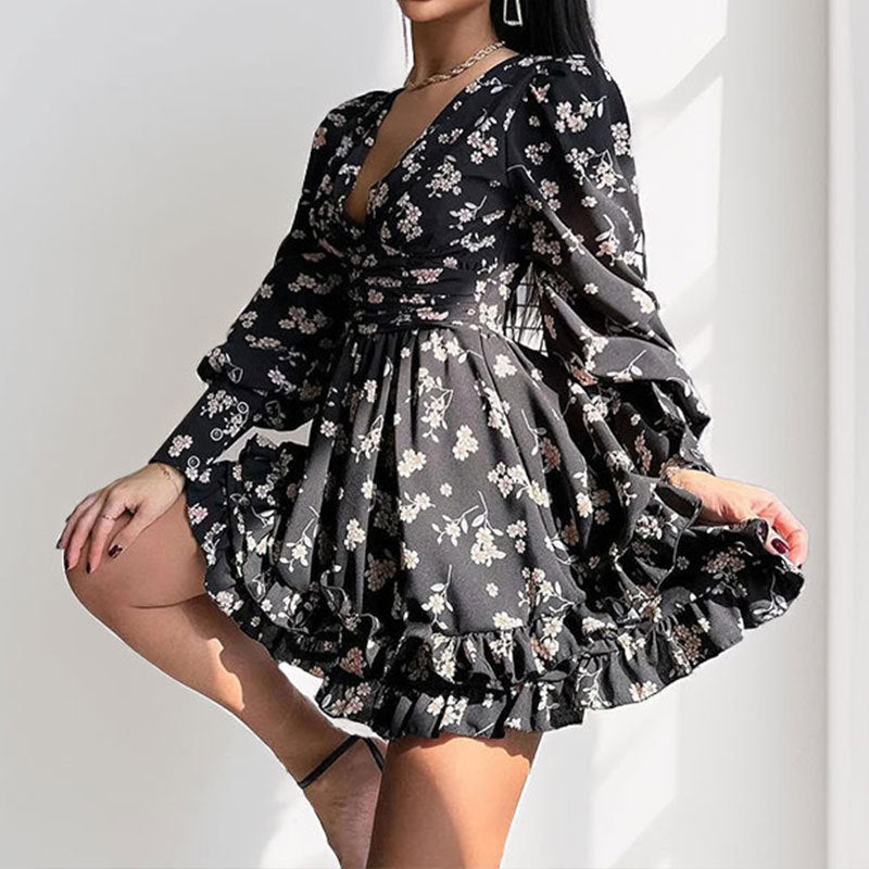 Floral Print Sweet V-neck Puff Sleeve Slim Waist Dress 4