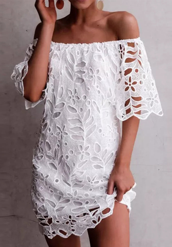 Spring Summer Solid Color Lace Half-Sleeve Off Shoulder Fashion Casual Dress