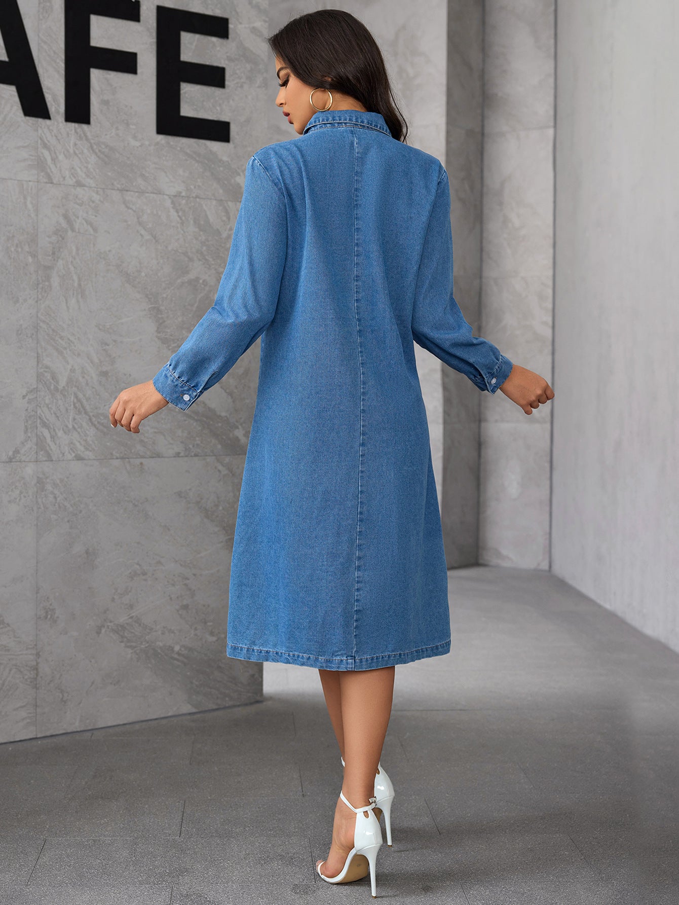 Chic Turndown Collar Long Sleeve Autumn Winter Loose Shirt Denim Dress