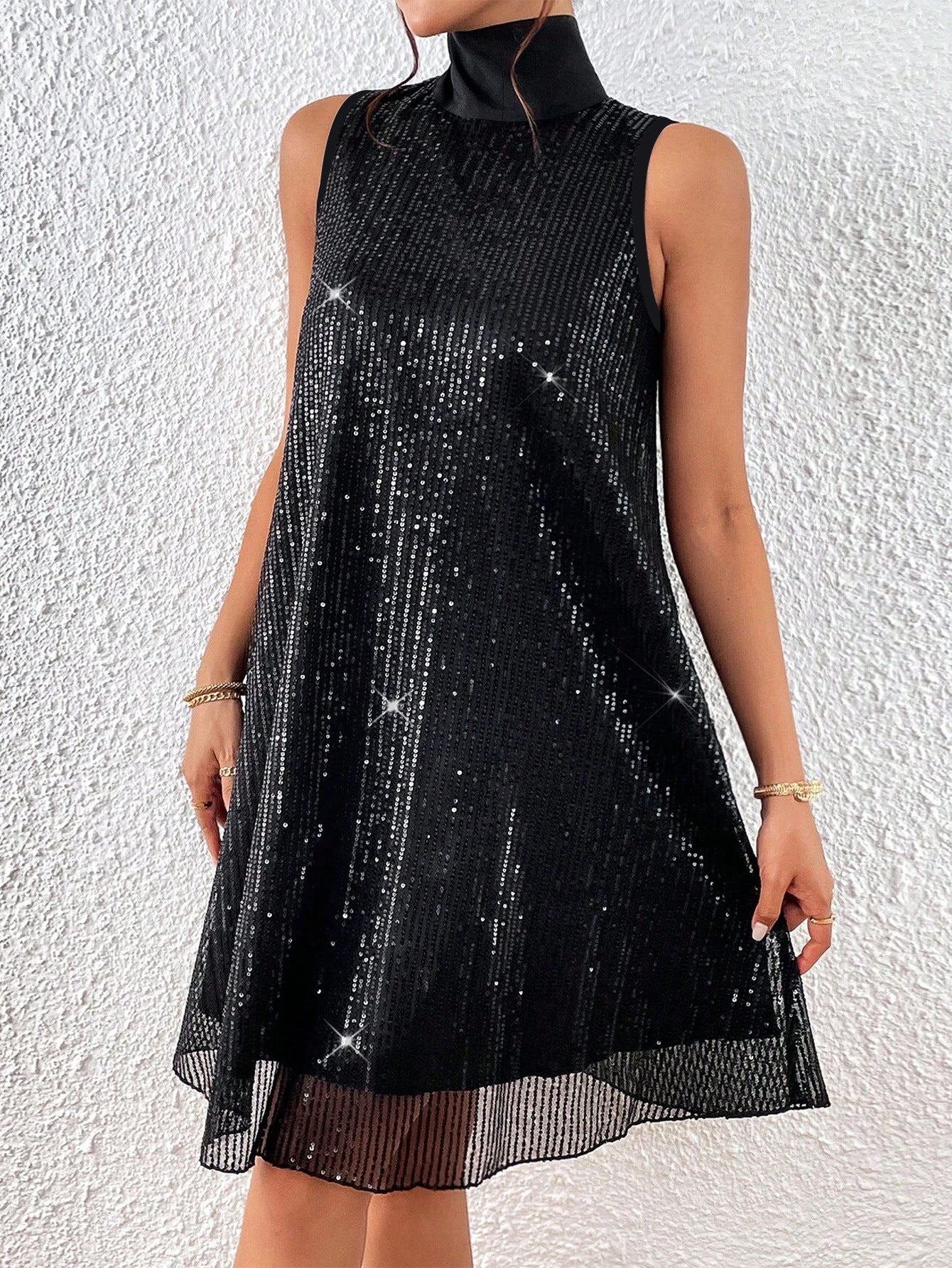 Women's Fashion Elegance high Neck Sleeveless Sequin Plus Size Short Dress 4