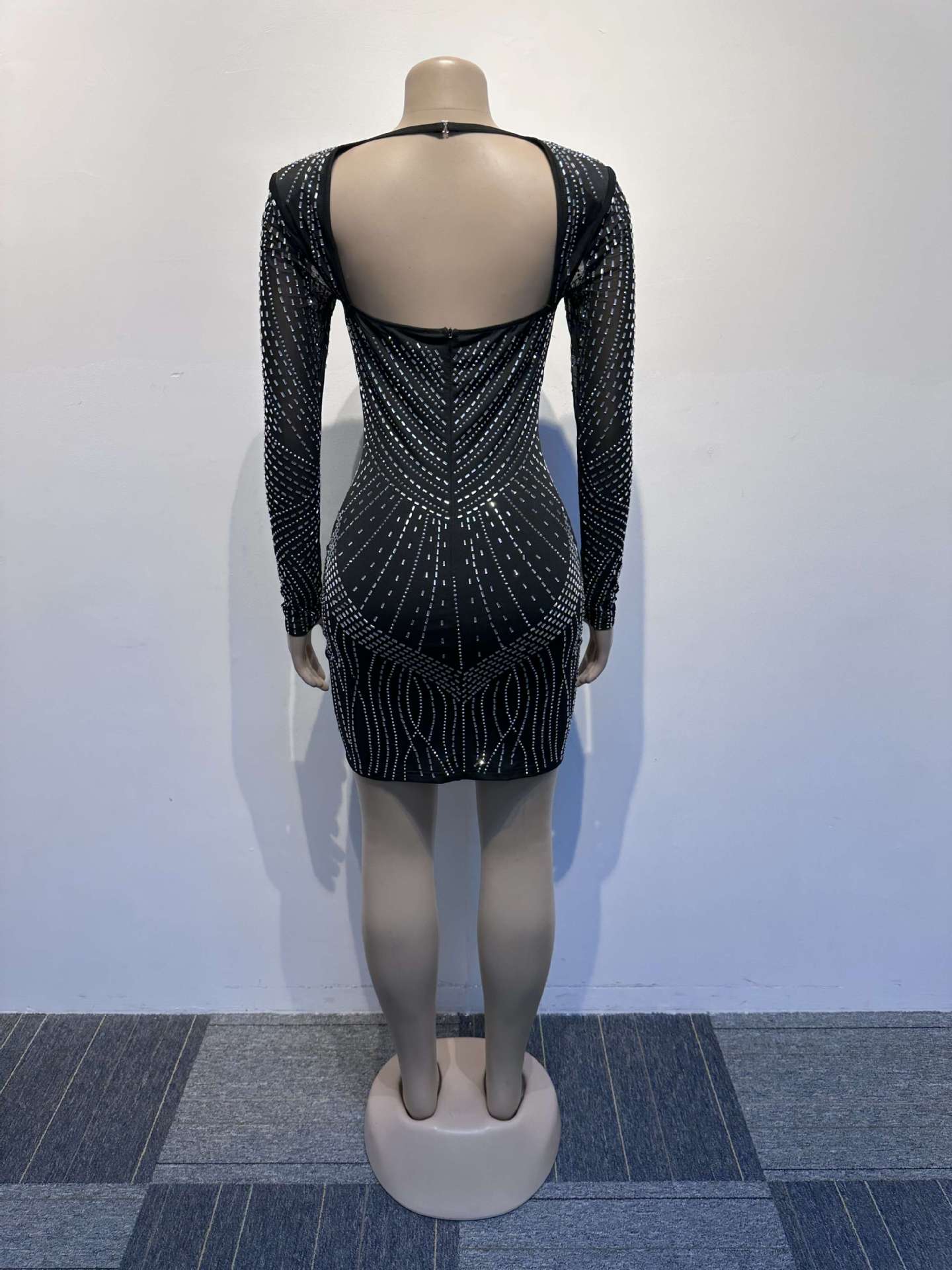 Women Sexy Long Sleeve Beaded Backless Hollow Solid Dress 11