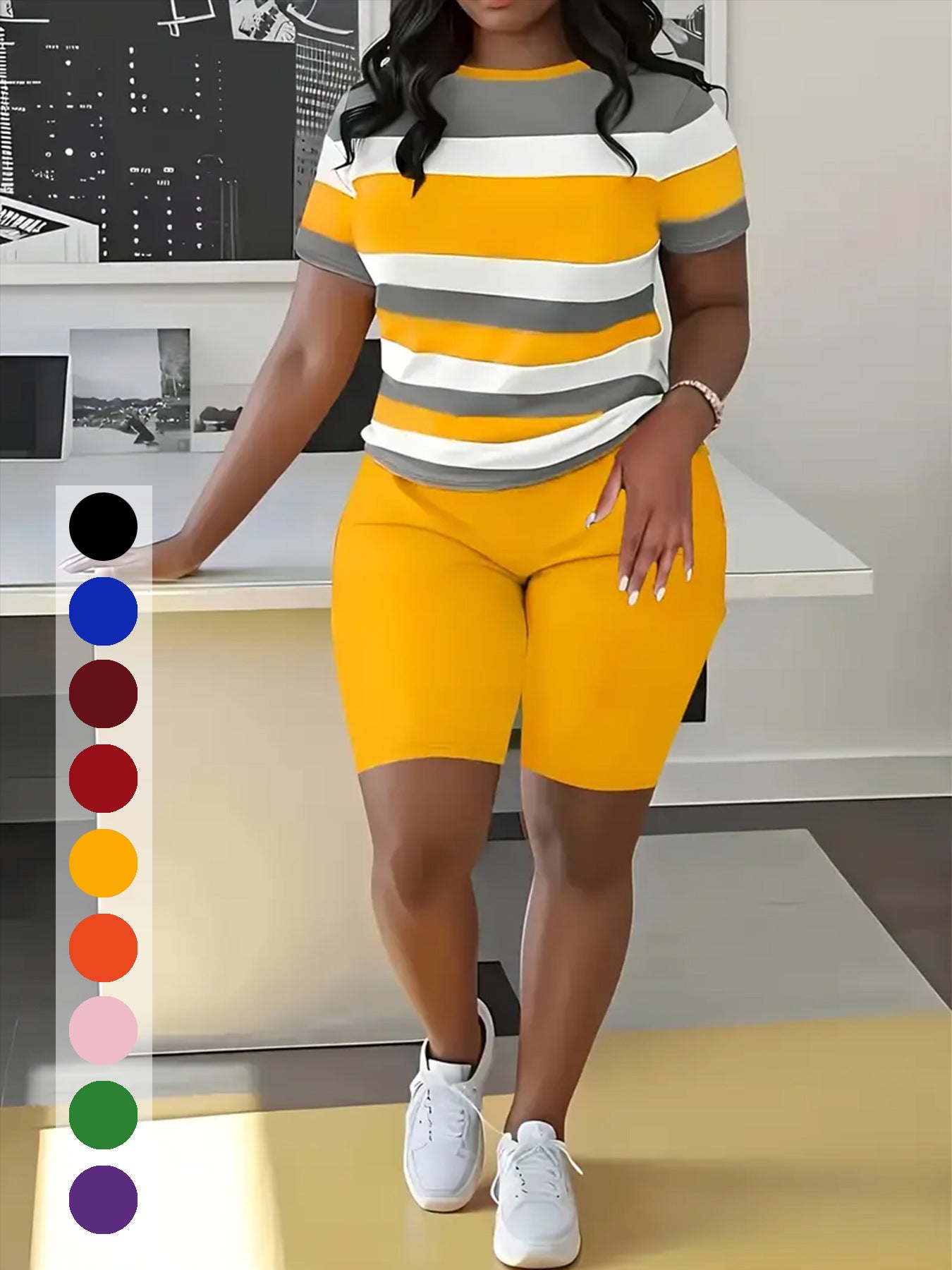 Women's Striped Print Short-Sleeve Sporty Two-Piece Shorts Set 5