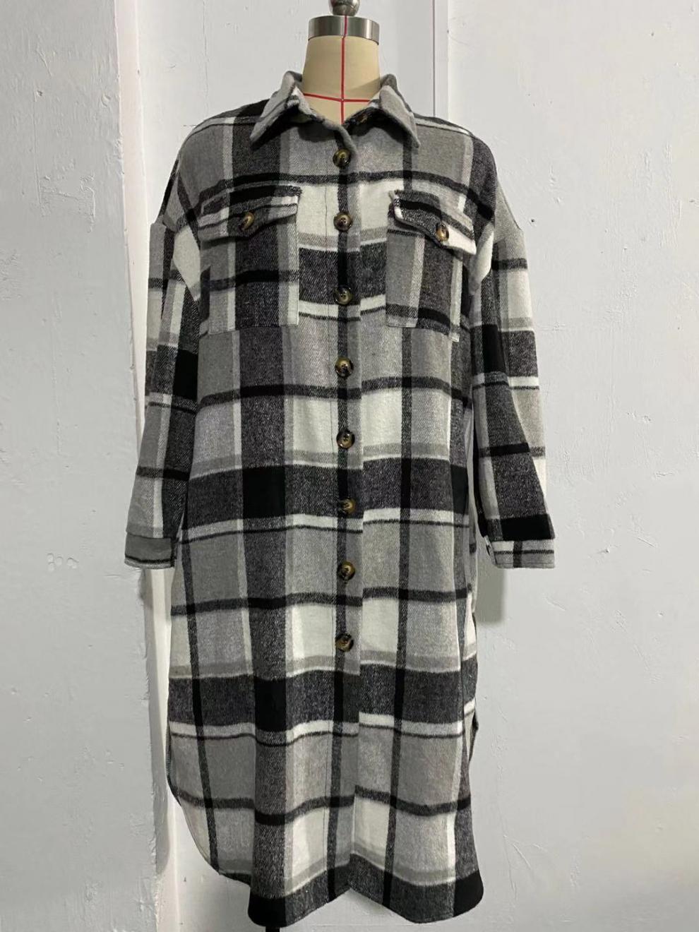 Autumn And Winter Chic Windbreaker Coat Side Slit Turndown Collar Loose Plaid Shirt Jacket 17