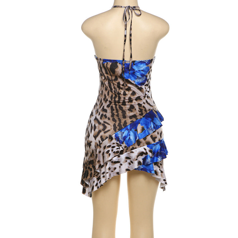 Summer Women backless sexy Halter Neck lace leopard print patchwork lace bodycon dress 4