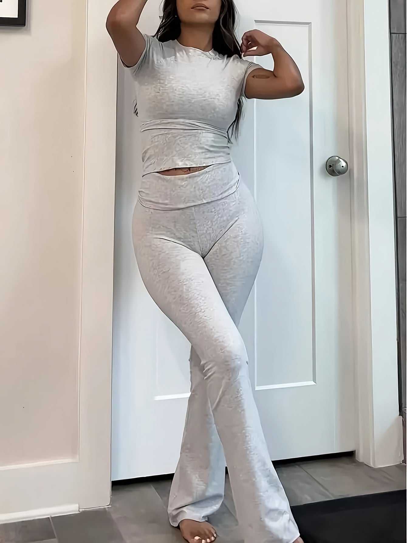 Women Casual Solid Short Sleeve Top and Pants Two Piece Set 8