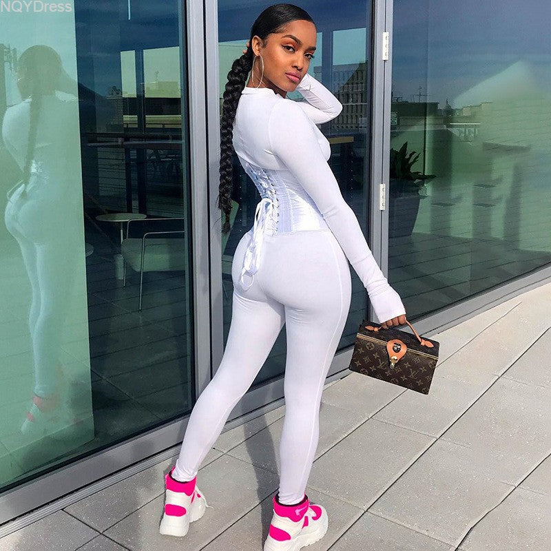 Women's Autumn Solid Color Corset Zipper Tight Fitting Casual Jumpsuit Two Piece Set 13