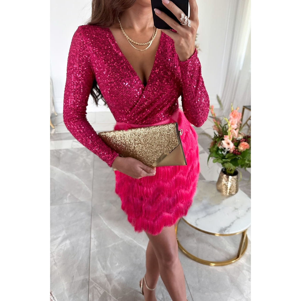 Women Party Sequin V Neck Long Sleeve Sexy Dress 7