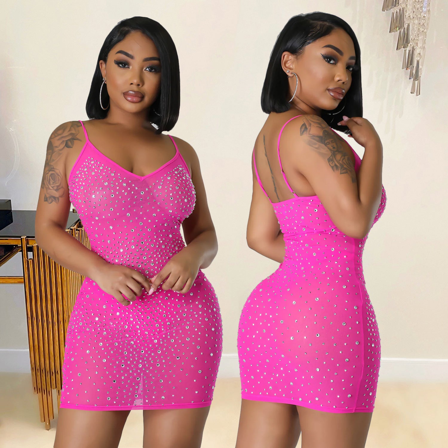 Summer Women's Sexy Mesh Beaded Nightclub Sling Short Dress 4