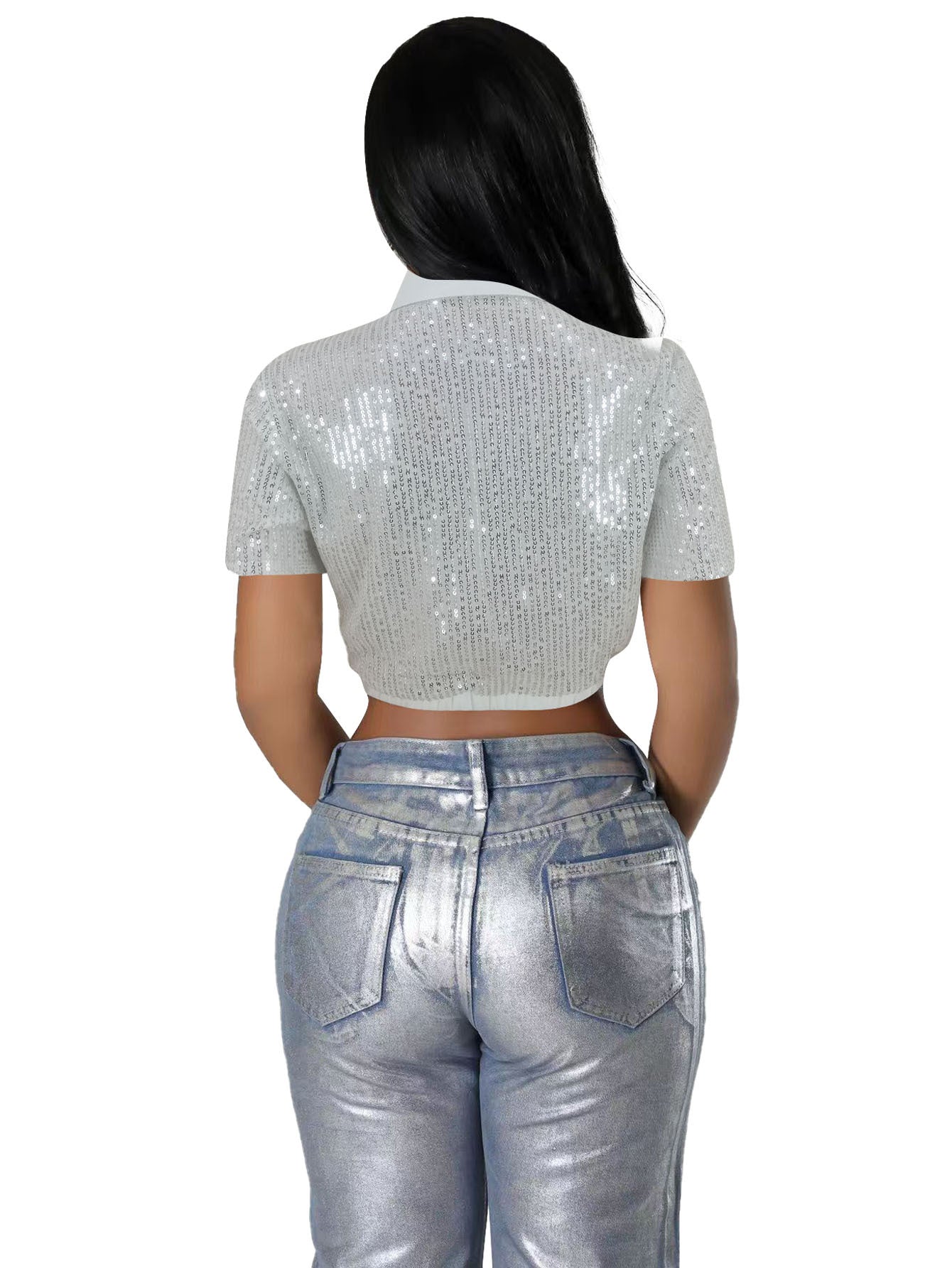 Women Casual Sequin Short Sleeve Top 3