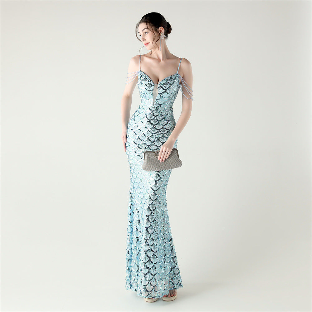 Deep V Strap Sequin Fishtail Evening Dress for Formal Occasions 13